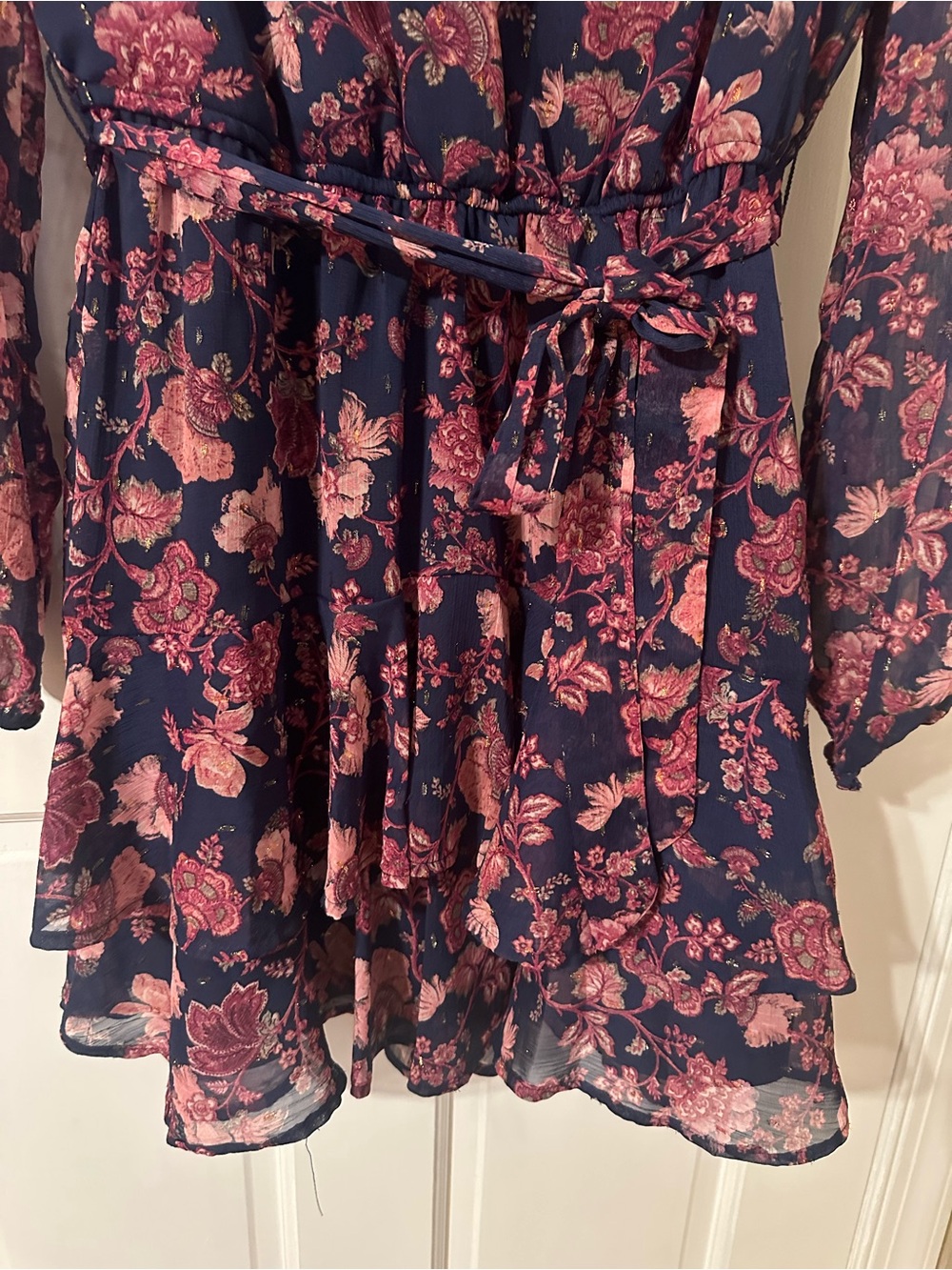 Navy Floral Long Sleeve Belted Mini Dress - Picture 2 of 4